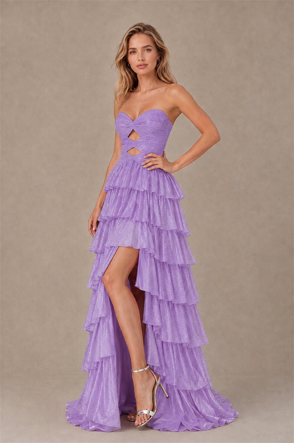 BOLODOO Lavender Strapless Cutout Tiered Ruffle Prom Dress with High Slit - Lavender - Lavender (3)