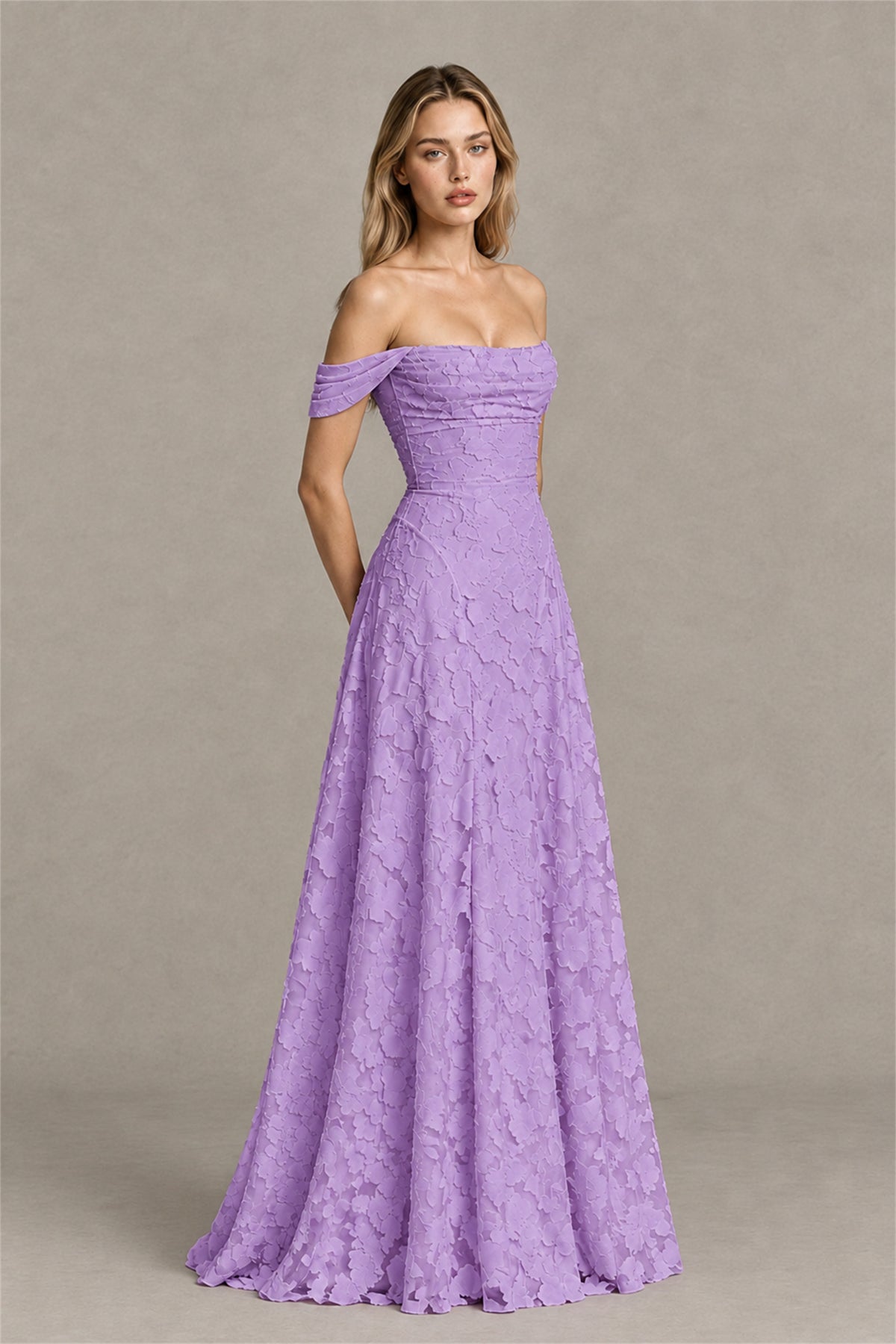 BOLODOO Lavender Off-Shoulder Pleated A-Line Maxi Dress Floral - Lavender