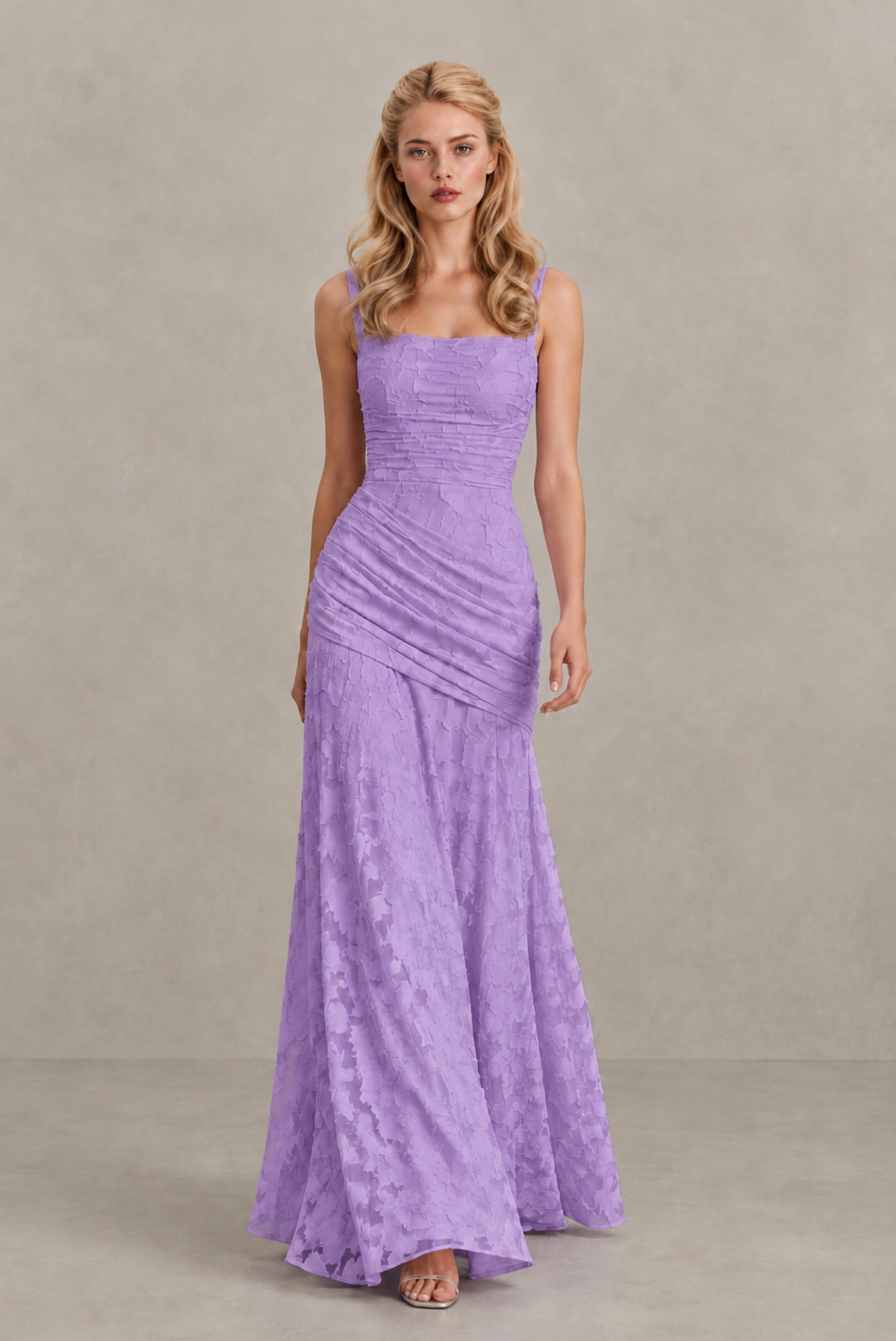 BOLODOO Lavender Ruched Floral Maxi Dress with Lace-Up Back - Lavender