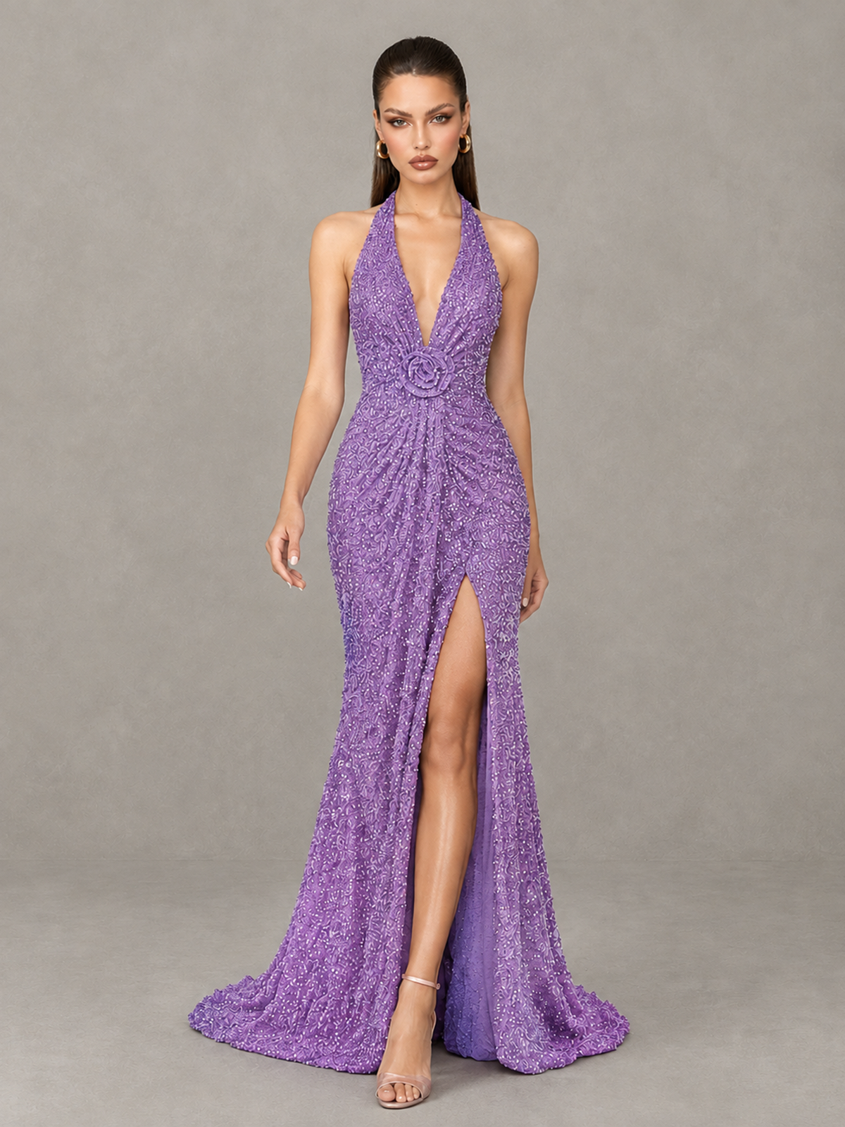 BOLODOO Lavender Sequin Halter Open Back Evening Gown with High Slit - Lavender - Lavender (4)