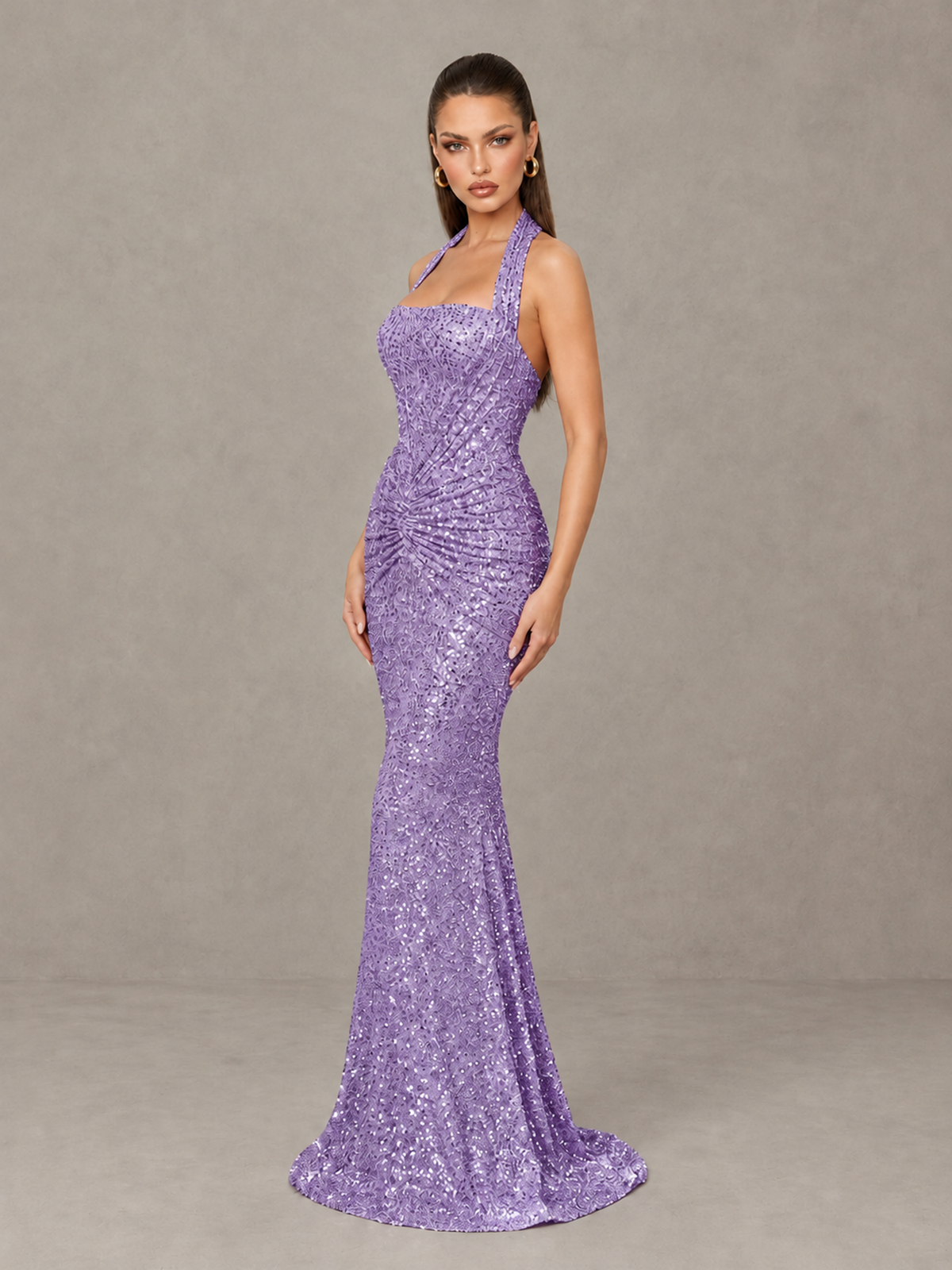 BOLODOO Lavender Sequin Halter Mermaid Evening Gown - Lavender - Lavender (4)