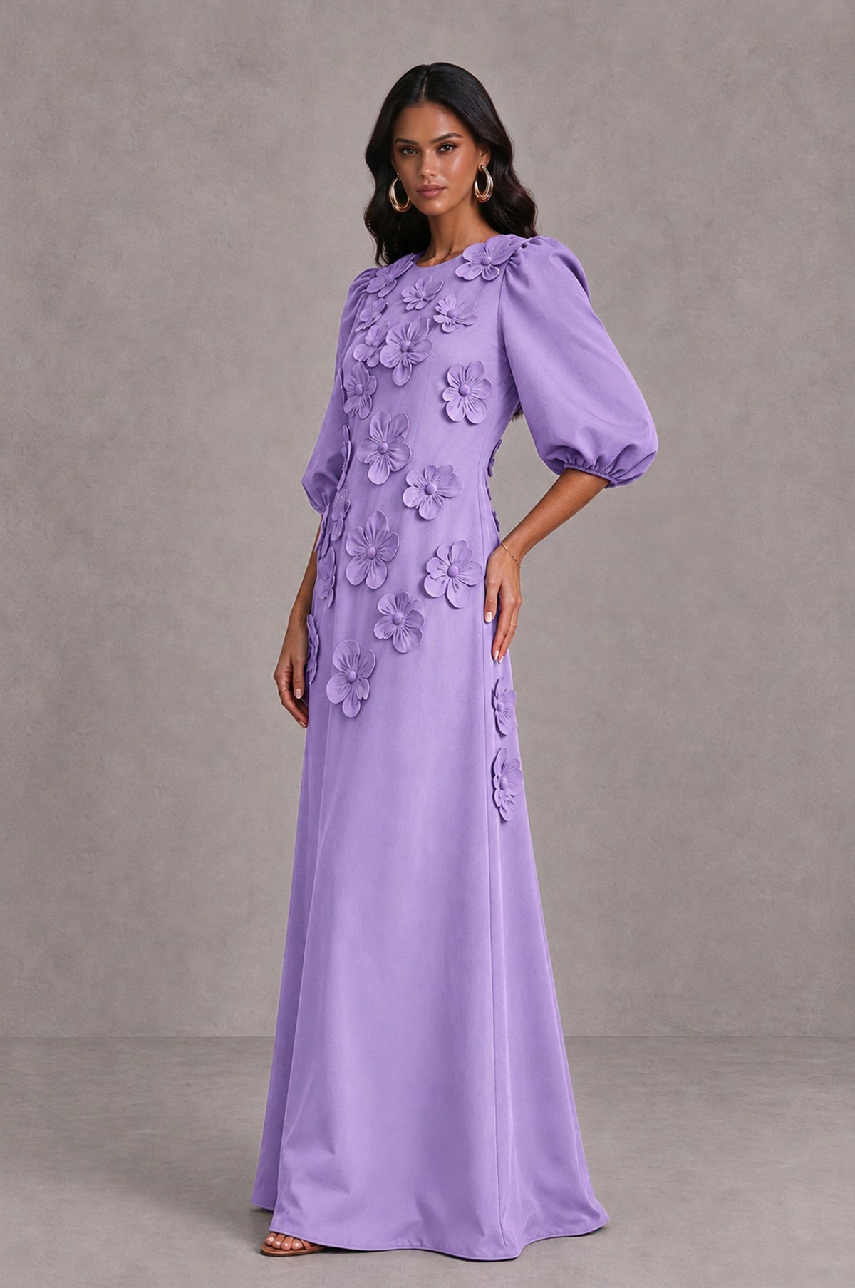 BOLODOO Lavender Floral Applique Puff Sleeve A-Line Evening Dress - Lavender - Lavender (4)