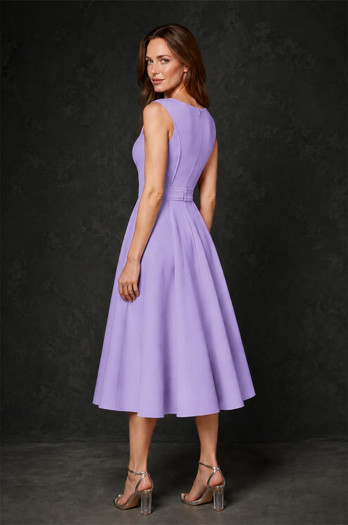 BOLODOO Lavender 3D Rosette Appliqué 3/4 Sleeve Jacket & V-Notch Sleeveless A-Line Tea-Length Two-Piece Dress Set - Lavender