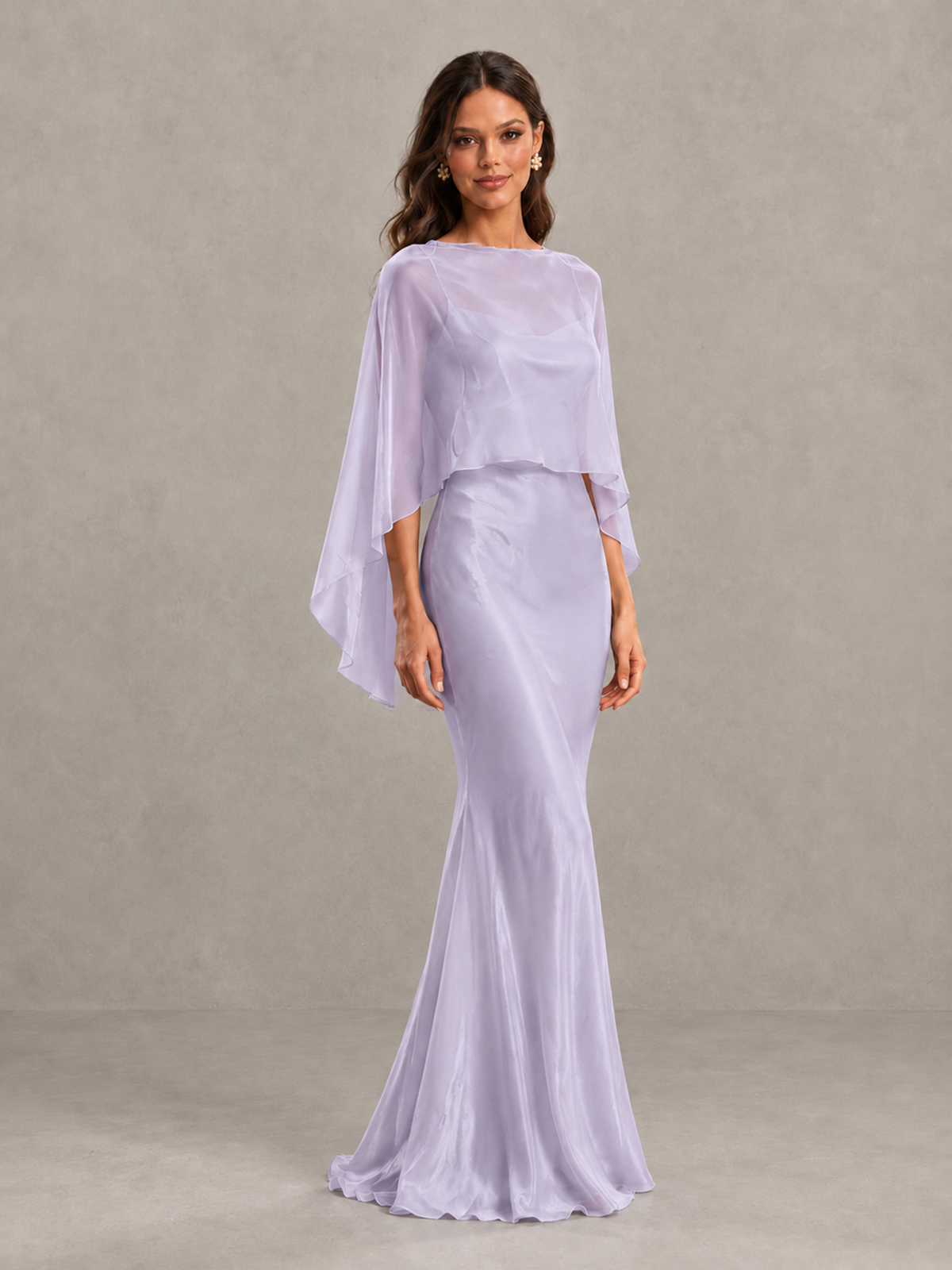 BOLODOO Lavender Satin Mermaid Bridesmaid Dress with Chiffon Cape - Lavender - Lavender (4)