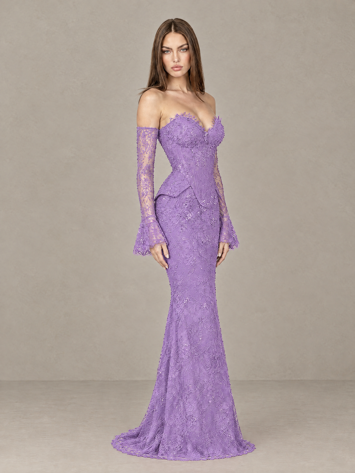 BOLODOO Lavender Lace Off-the-Shoulder Long Sleeve Mermaid Evening Gown - Lavender - Lavender (4)