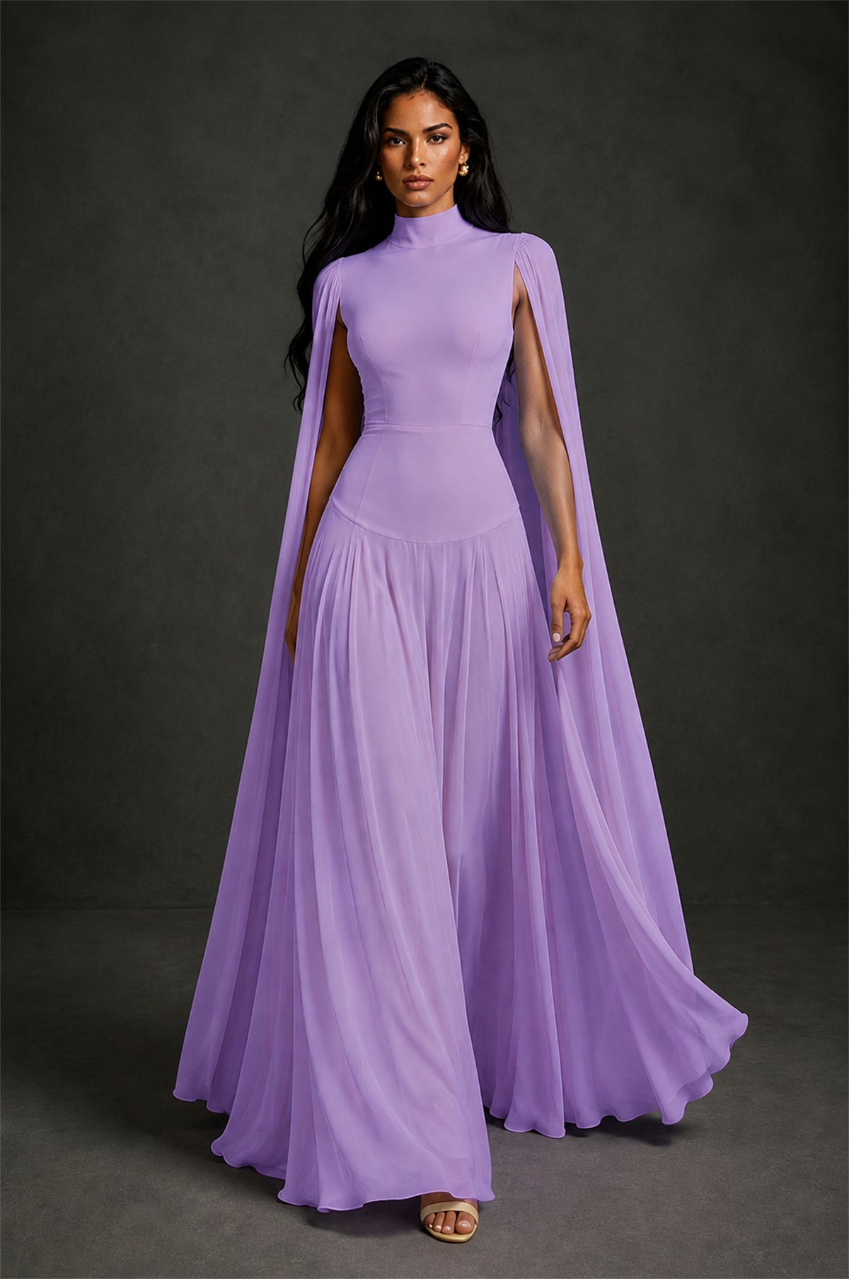 BOLODOO Lavender Mock Neck Cape Sleeve A-Line Chiffon Maxi Dress - Lavender - Lavender (4)