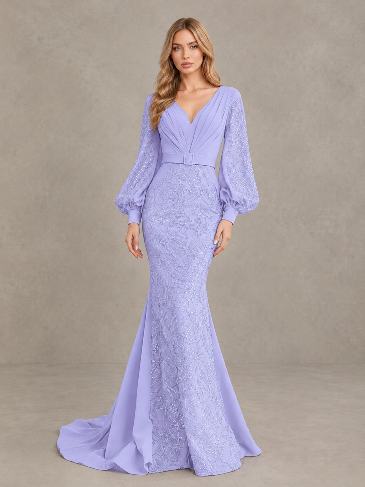 BOLODOO Lavender Sequin Long Bishop Sleeve Mermaid Evening Dress - Lavender - Lavender (4)