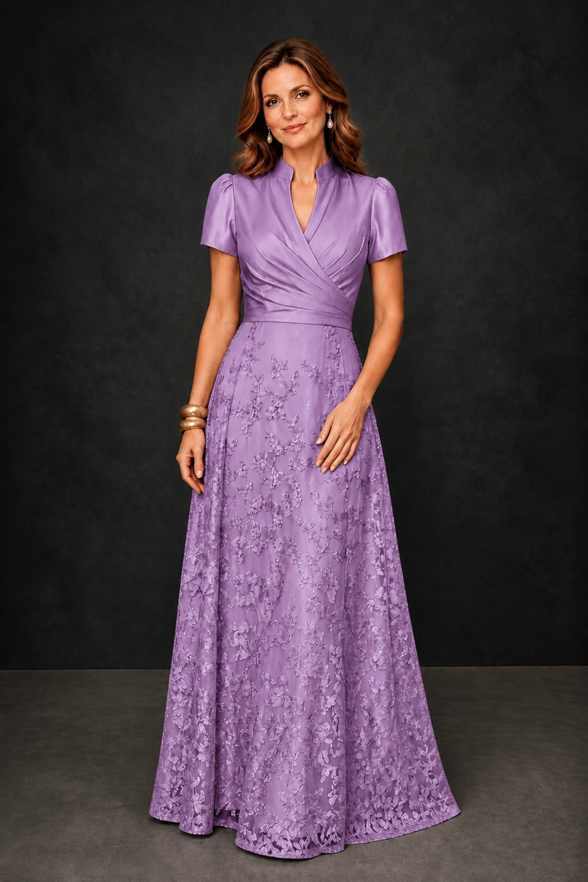 BOLODOO Lavender Satin Wrap V-Neck Short Sleeve Lace Glitter A-Line Floor Length Evening Gown – Formal Dress - Lavender - Lavender (4)