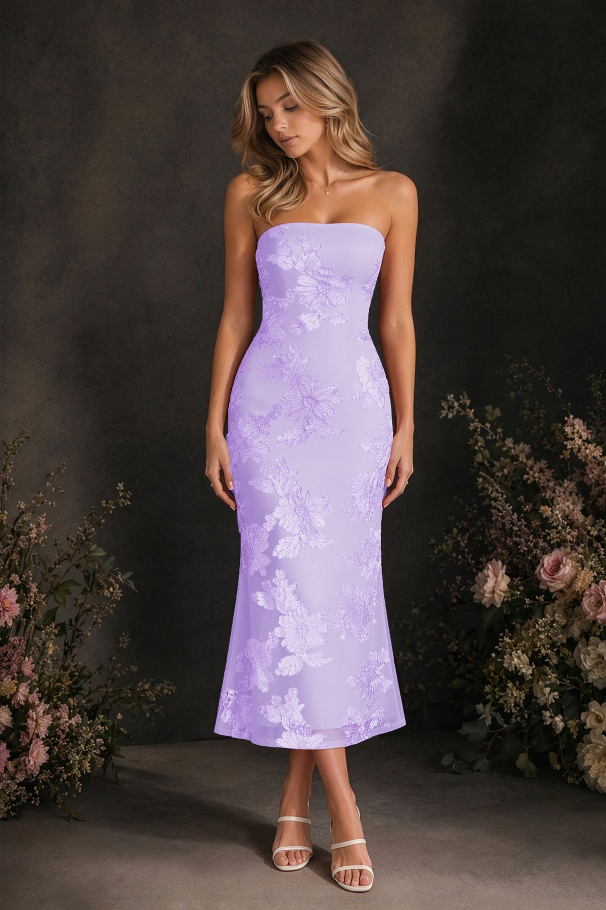 BOLODOO Lavender Tonal Floral Embroidered Mesh Strapless Open Back Bodycon Midi Tea Length Dress - Lavender