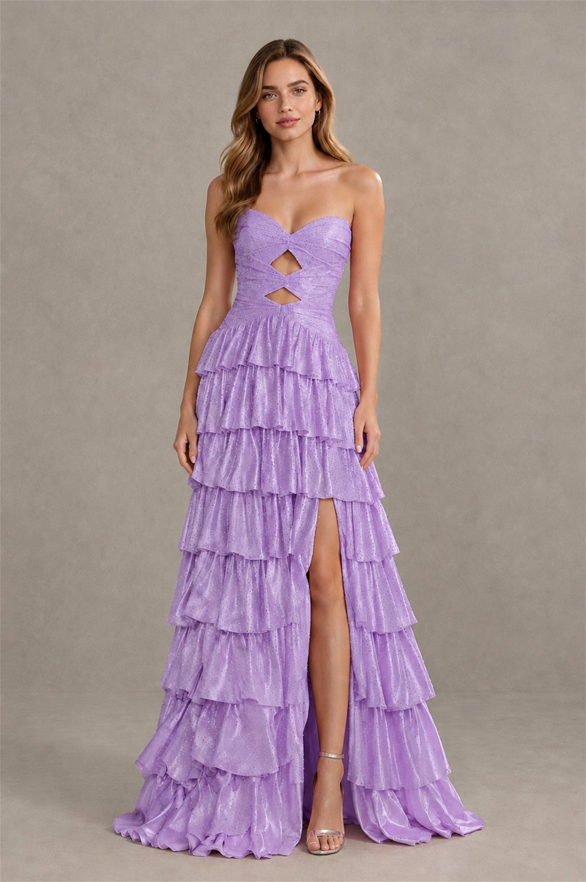 BOLODOO Lavender Strapless Cutout Tiered Ruffle Prom Dress with High Slit - Lavender - Lavender (4)