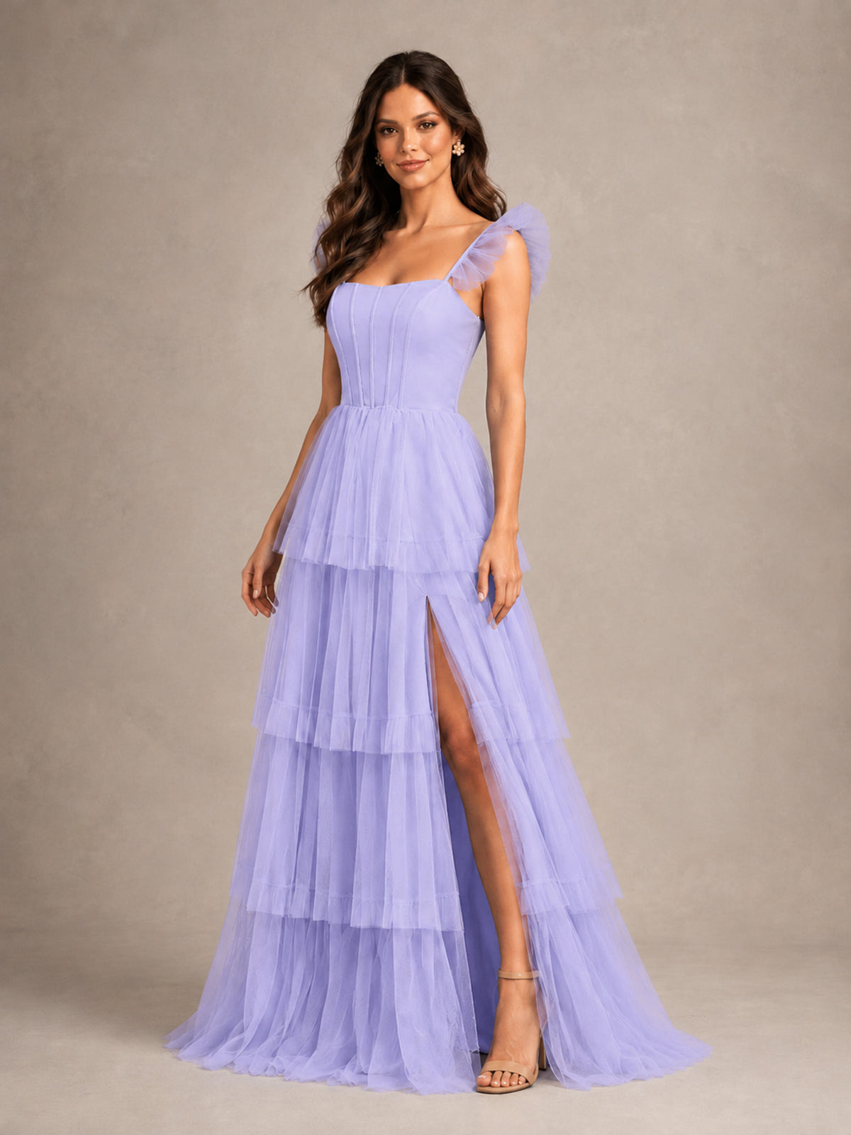 BOLODOO Lavender Tiered Tulle Bridesmaid Dress with Slit - Lavender - Lavender (4)