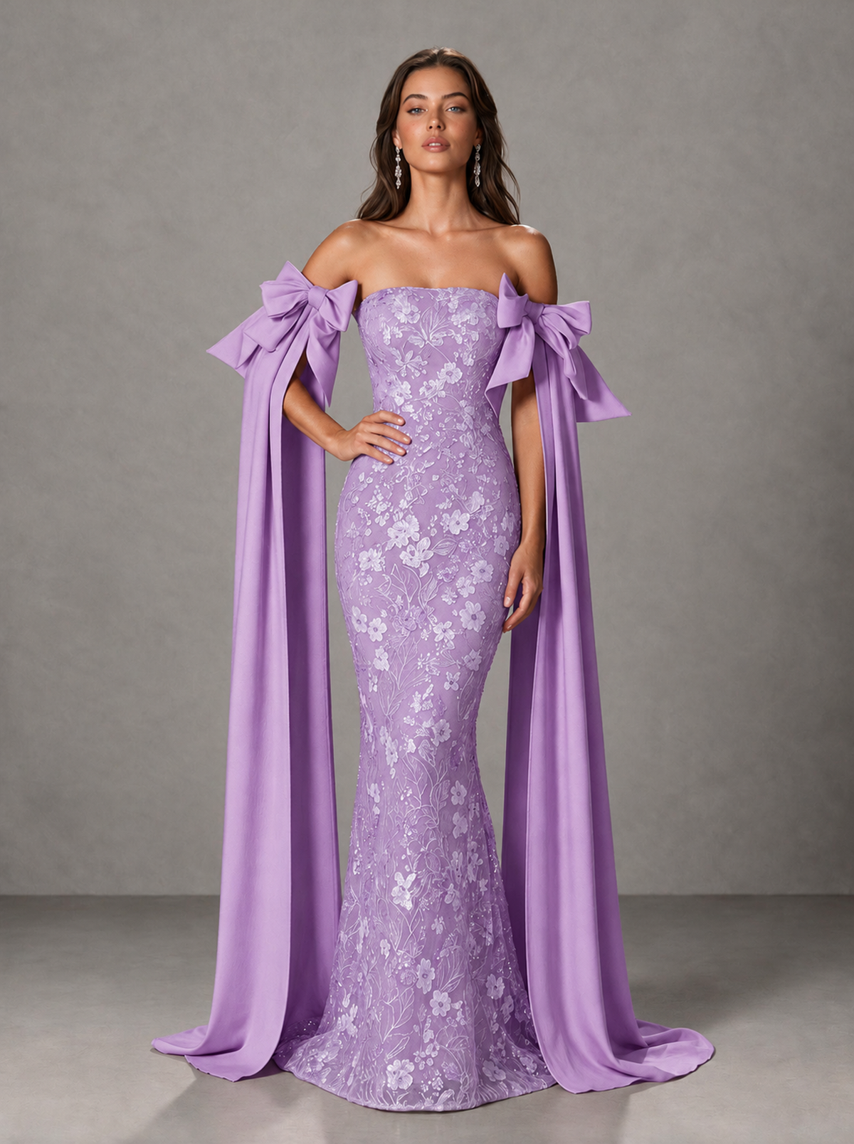 BOLODOO Lavender Floral Lace Mermaid Prom Dress with Off-Shoulder Bows - Lavender - Lavender (4)