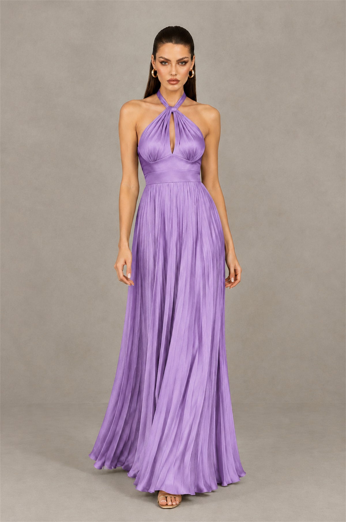 BOLODOO Lavender Halter Pleated A-Line Evening Dress - Lavender