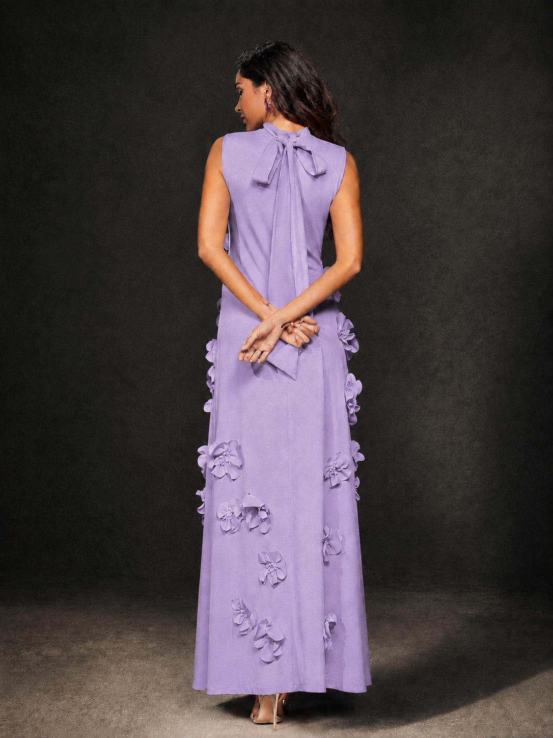 BOLODOO Lavender Mock Neck Sleeveless 3D Floral Appliqué Maxi Dress with Bow Back - Lavender