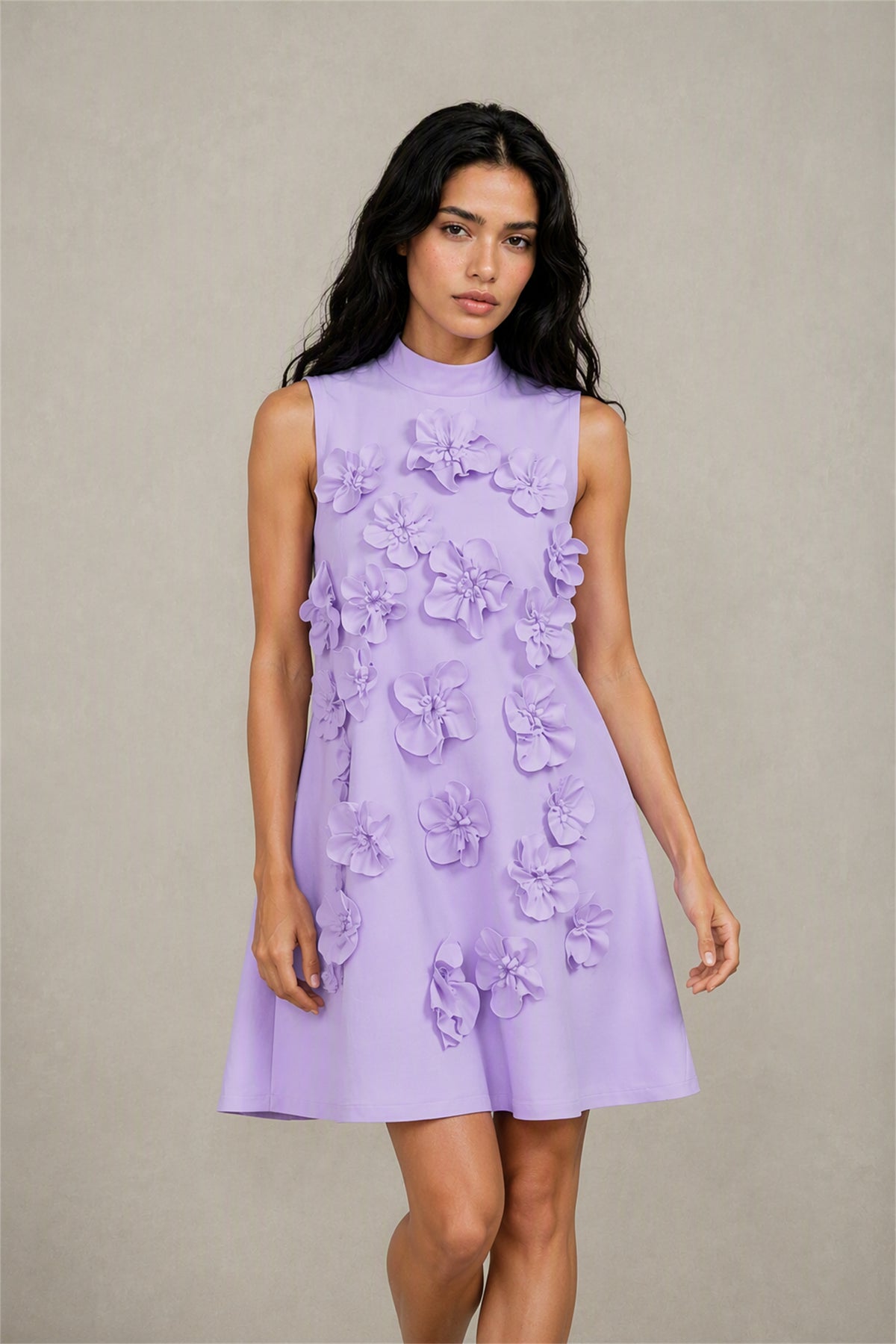 BOLODOO Lavender 3D Floral Mock Neck Sleeveless Mini Dress | A-Line Party Dress 