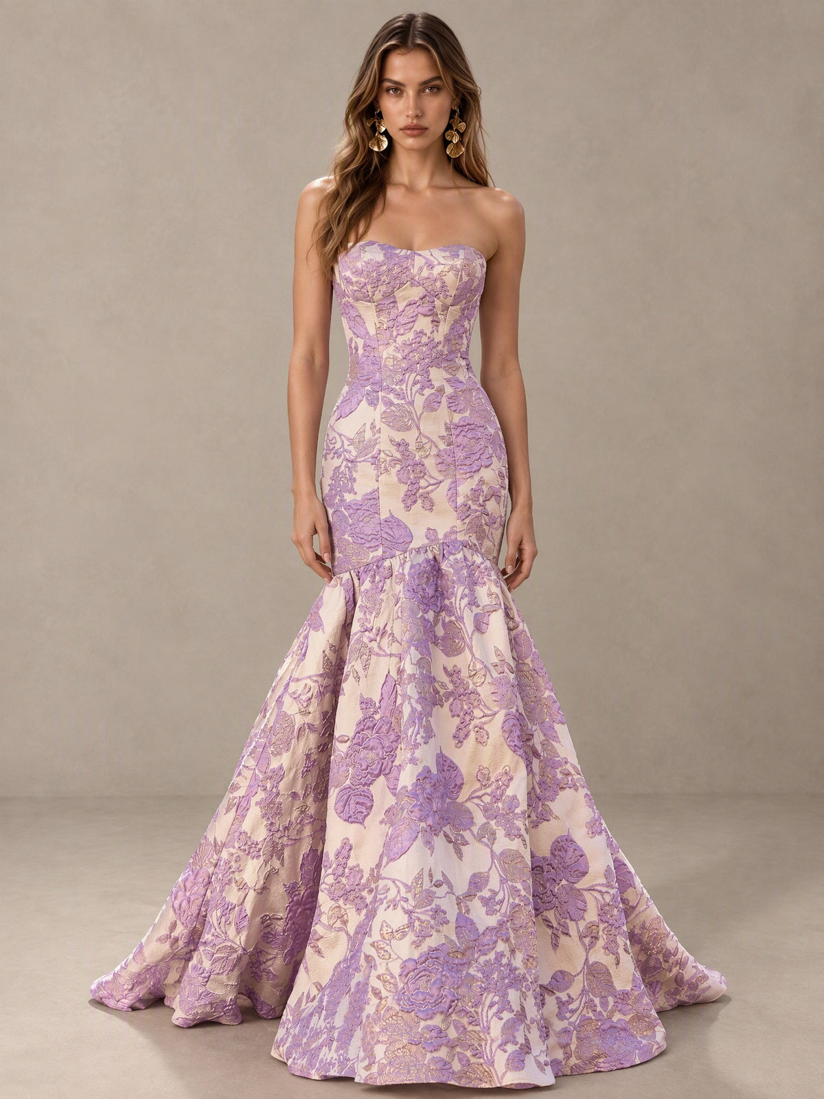 BOLODOO Lavender Floral Strapless Mermaid Prom Dress with Train 