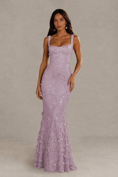 BOLODOO Lavender Sequin 3D Floral Mermaid Maxi Gown – Lace-Up Back Formal Dress 