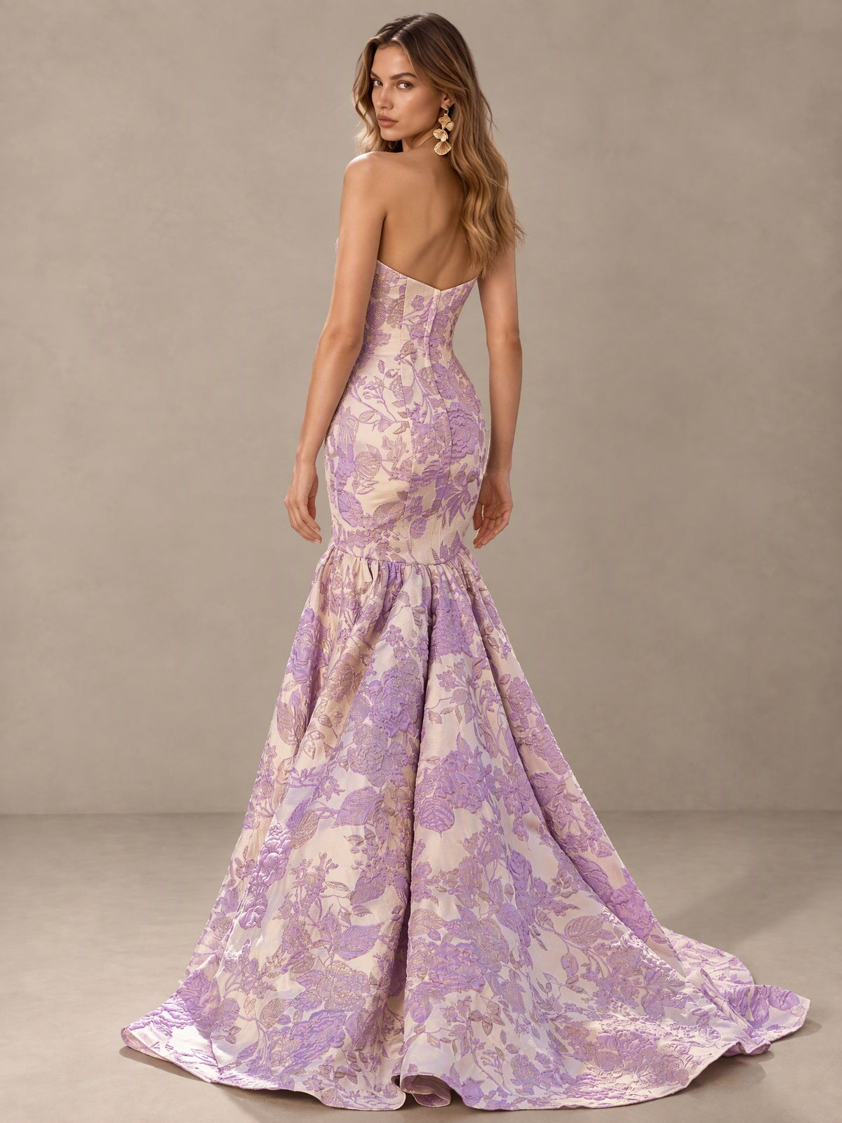 BOLODOO Lavender Floral Strapless Mermaid Prom Dress with Train 