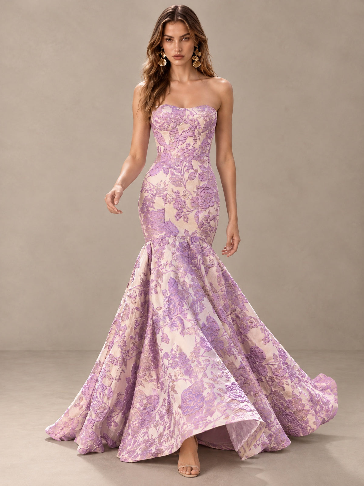 BOLODOO Lavender Floral Strapless Mermaid Prom Dress with Train 
