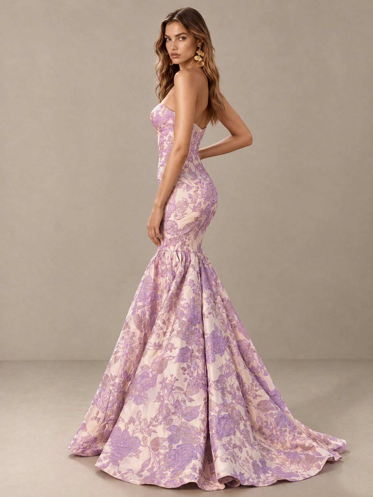 BOLODOO Lavender Floral Strapless Mermaid Prom Dress with Train 