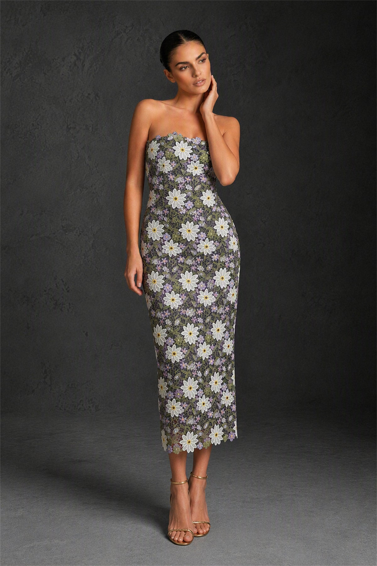 BOLODOO Lavender Green 3D Floral Applique Strapless Column Midi Dress | Wedding Guest & Cocktail - Lavender Green