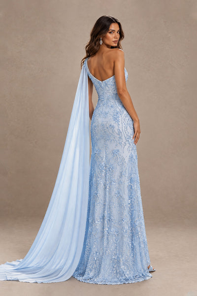 BOLODOO Light Blue One-Shoulder Embroidered Evening Gown with Cape 