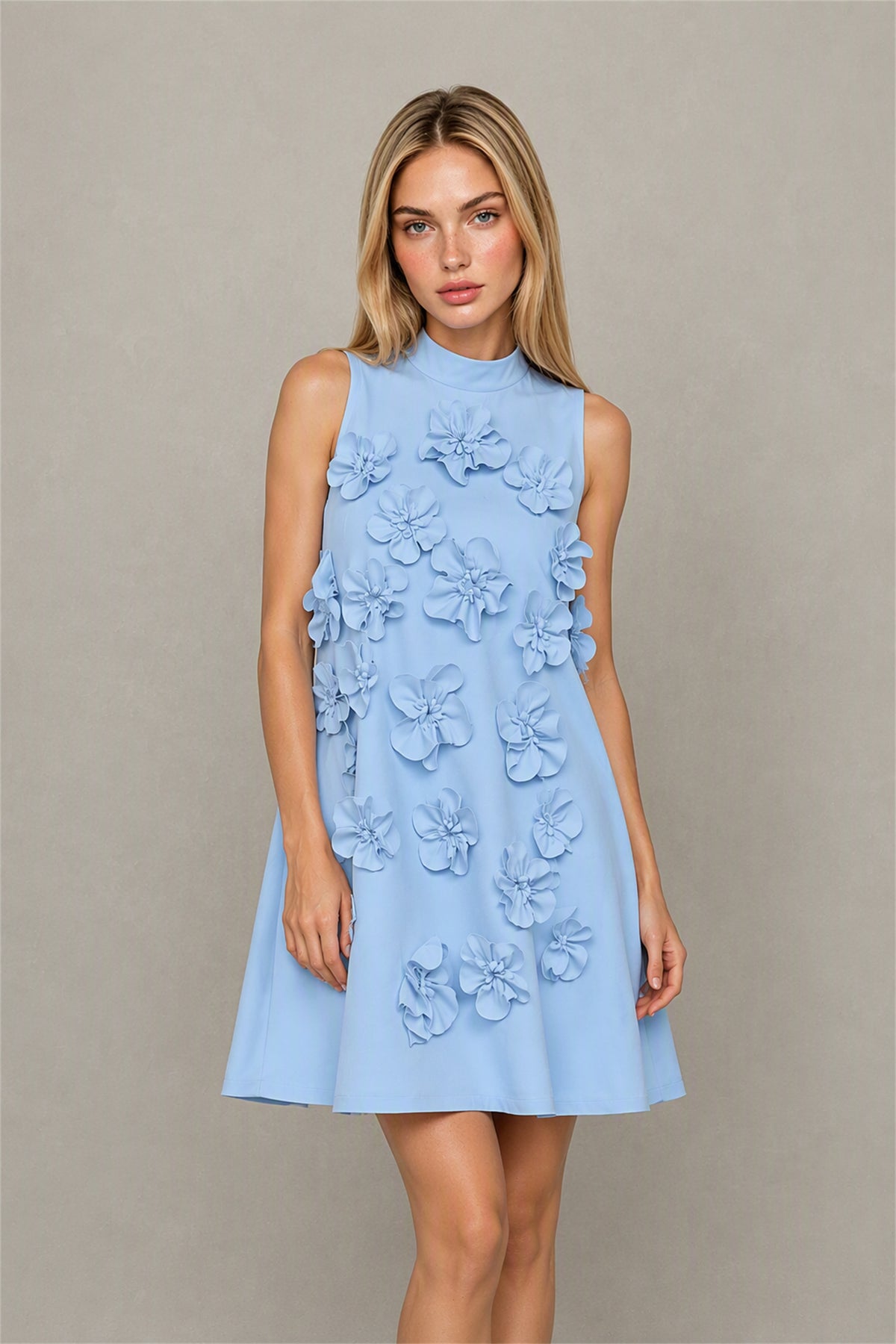 BOLODOO Light Blue 3D Floral Mock Neck Sleeveless Mini Dress | A-Line Party Dress 