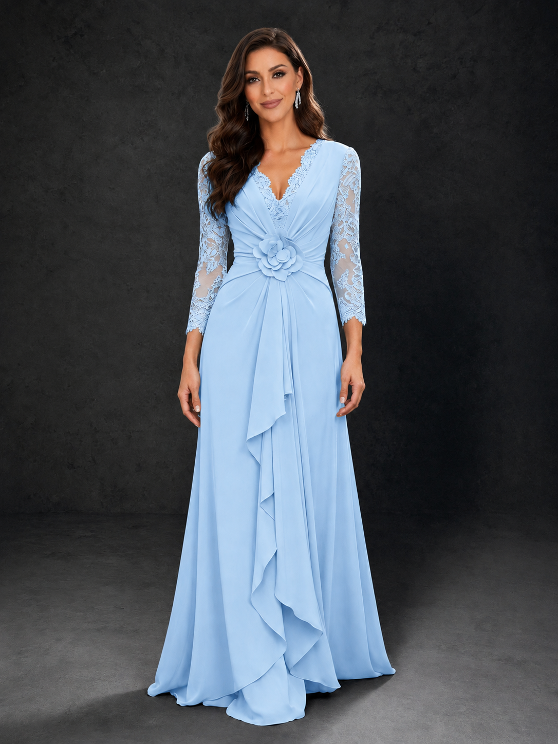 BOLODOO Light Blue Lace Sleeve V-Neck Floral Waist Chiffon A-Line Maxi Dress 