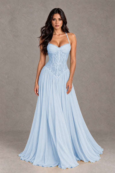 BOLODOO Light Blue Lace Corset Halter Maxi Gown – Backless A-Line Formal Dress 