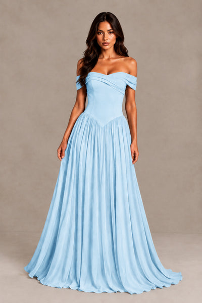 BOLODOO Light Blue Off-Shoulder Sweetheart Corset Pleated Chiffon Maxi Dress 