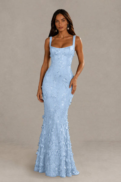 BOLODOO Light Blue Sequin 3D Floral Mermaid Maxi Gown – Lace-Up Back Formal Dress 