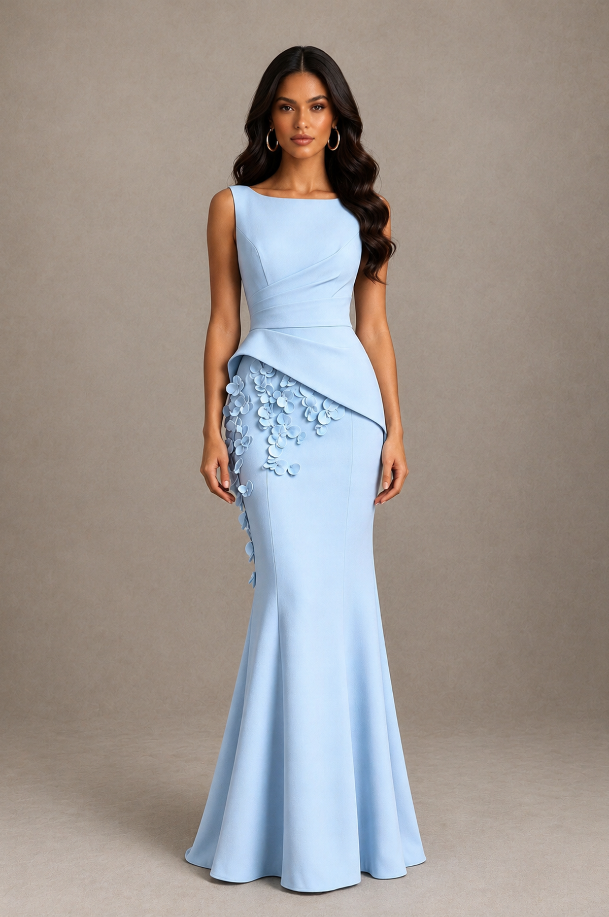 BOLODOO Light Blue Bateau Neck Sleeveless Asymmetric Peplum 3D Petal Appliqué Mermaid Gown BD0421 