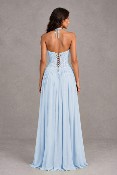 BOLODOO Light Blue Lace Corset Halter Maxi Gown – Backless A-Line Formal Dress 