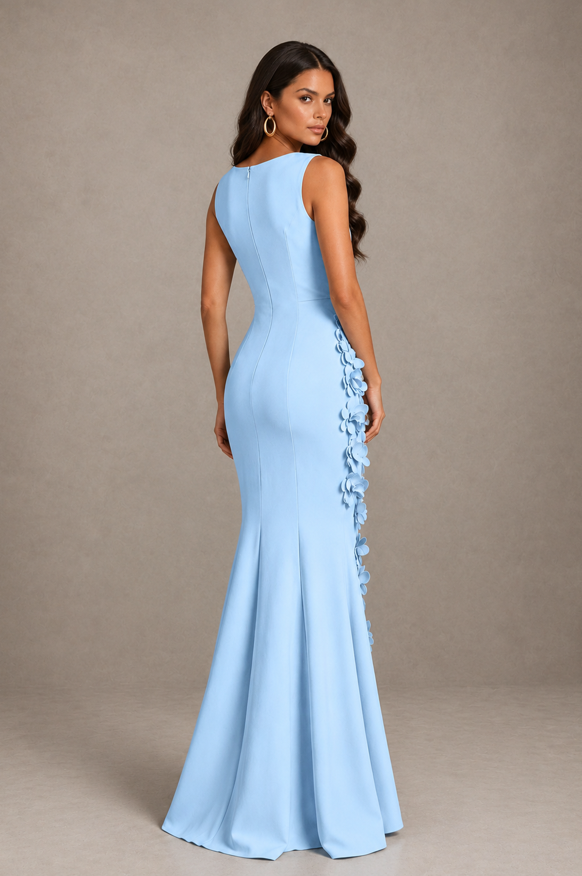 BOLODOO Light Blue Bateau Neck Sleeveless Asymmetric Peplum 3D Petal Appliqué Mermaid Gown BD0421 