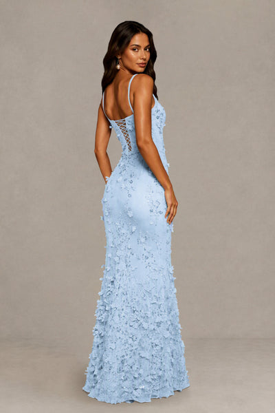 BOLODOO Light Blue Sequin 3D Floral Mermaid Maxi Gown – Lace-Up Back Formal Dress 