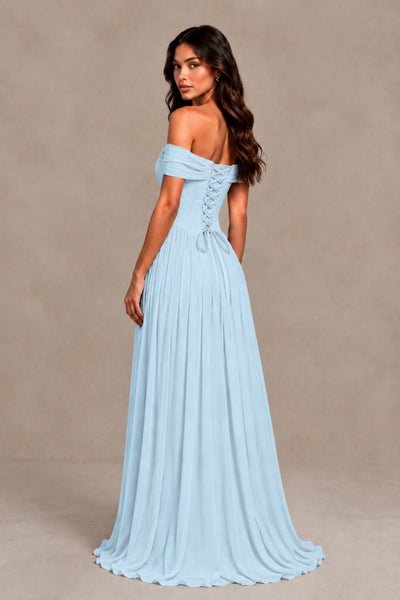 BOLODOO Light Blue Off-Shoulder Sweetheart Corset Pleated Chiffon Maxi Dress 