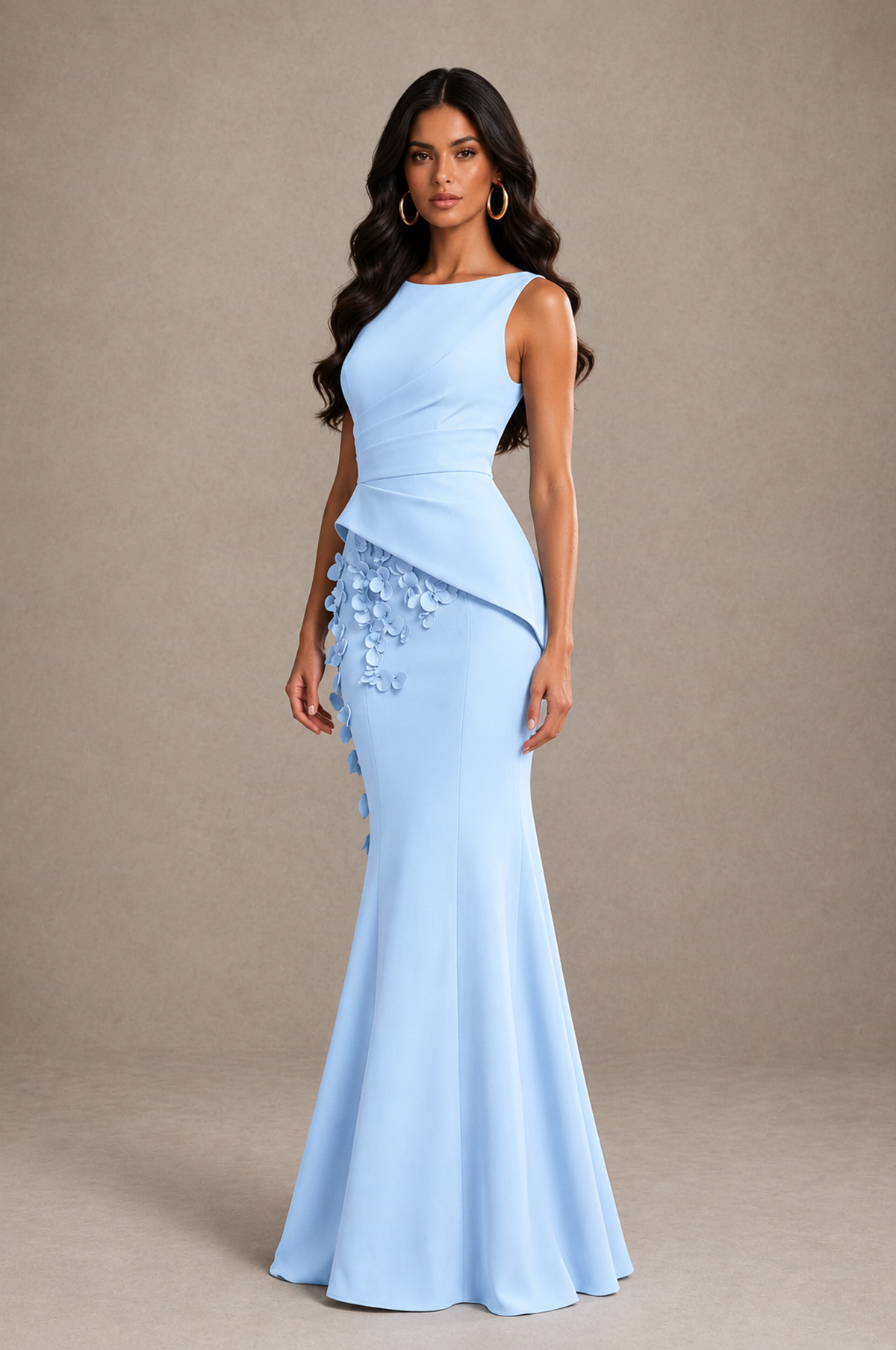 BOLODOO Light Blue Bateau Neck Sleeveless Asymmetric Peplum 3D Petal Appliqué Mermaid Gown BD0421 