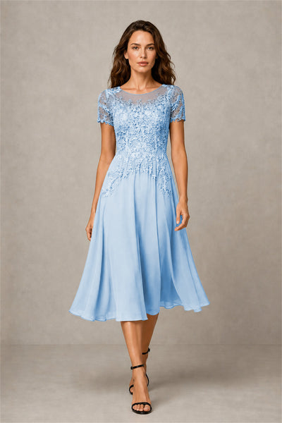 BOLODOO Steel Light Blue Beaded Lace Illusion Bodice Chiffon Tea-Length Dress | Mother of the Bride & Cocktail Party 