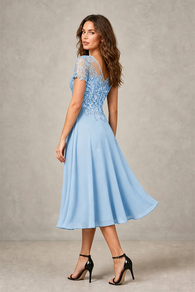 BOLODOO Steel Light Blue Beaded Lace Illusion Bodice Chiffon Tea-Length Dress | Mother of the Bride & Cocktail Party 