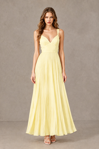BOLODOO Light Yellow V-Neck Pleated Open-Back Maxi Dress 