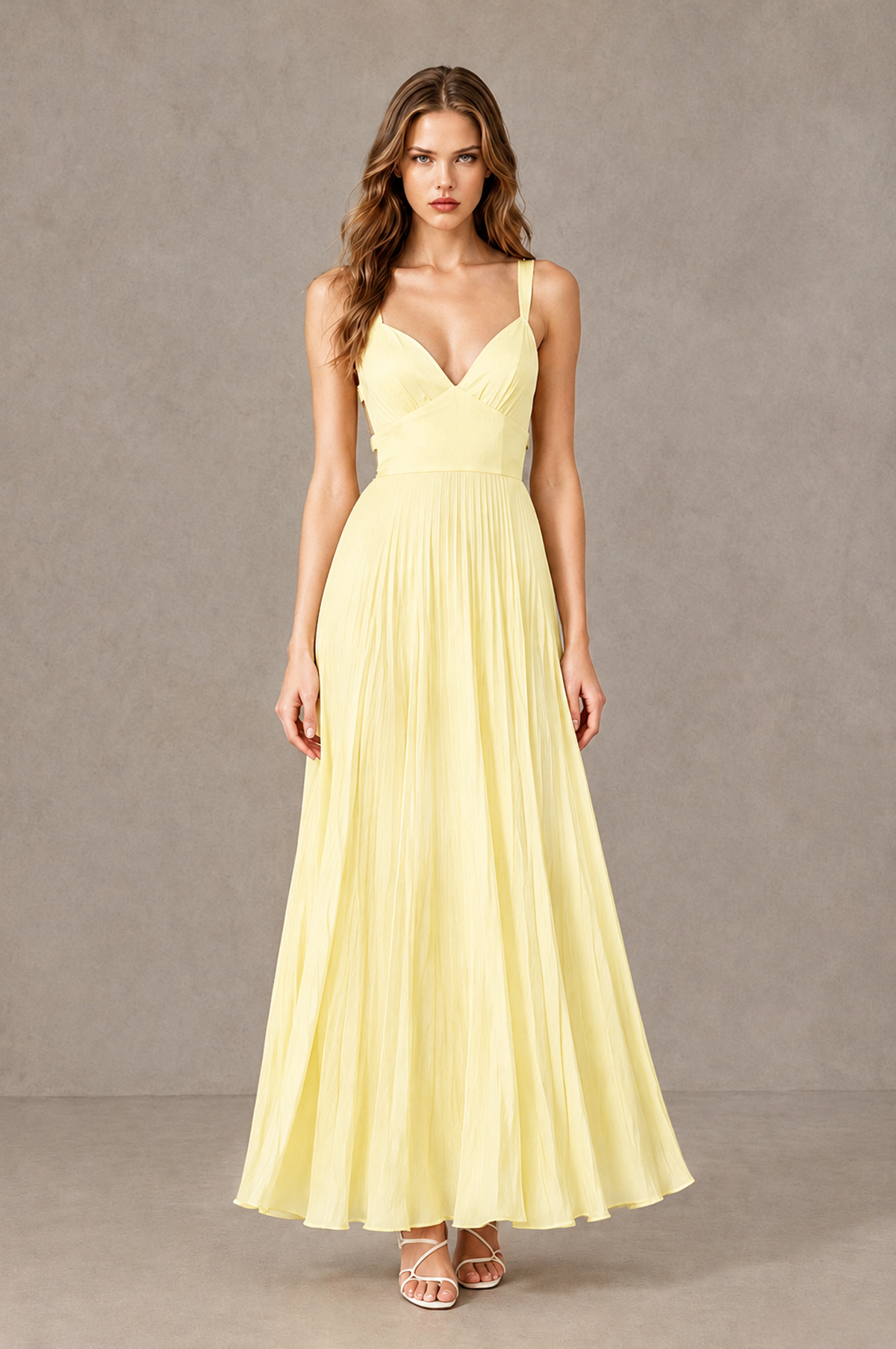 BOLODOO Light Yellow V-Neck Pleated Open-Back Maxi Dress 