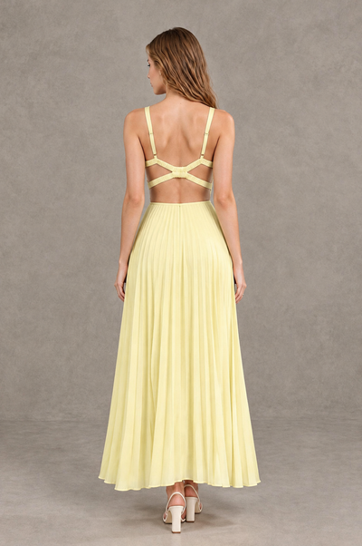 BOLODOO Light Yellow V-Neck Pleated Open-Back Maxi Dress 