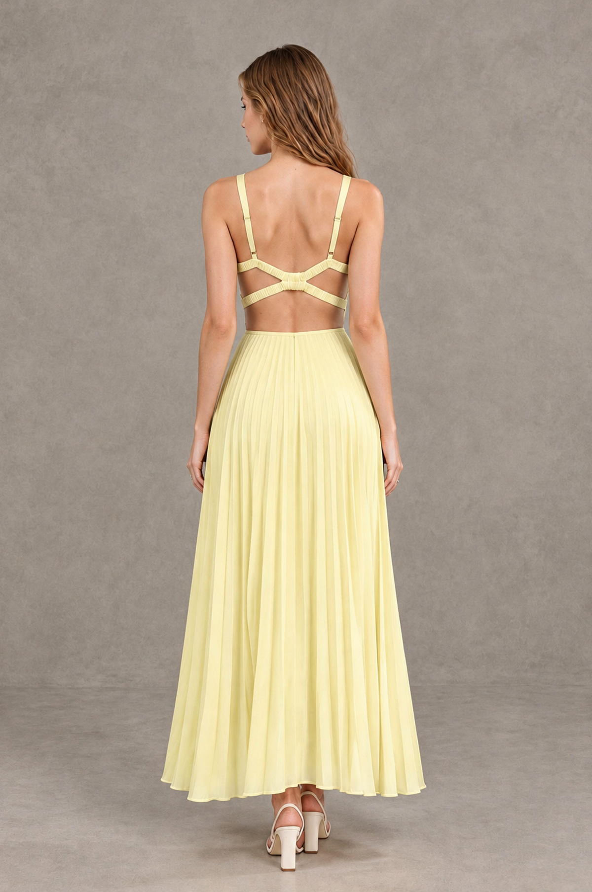 BOLODOO Light Yellow V-Neck Pleated Open-Back Maxi Dress 