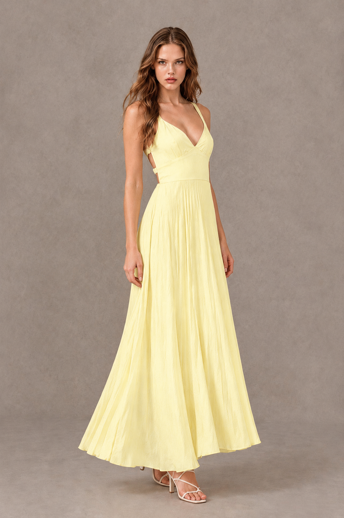 BOLODOO Light Yellow V-Neck Pleated Open-Back Maxi Dress 