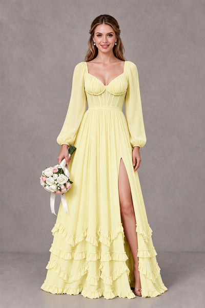 Light Yellow Long-Sleeve Ruffle Maxi Dress with Lace-Up Back and Slit 