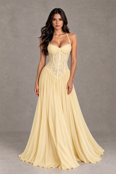 BOLODOO Light Yellow Lace Corset Halter Maxi Gown – Backless A-Line Formal Dress 