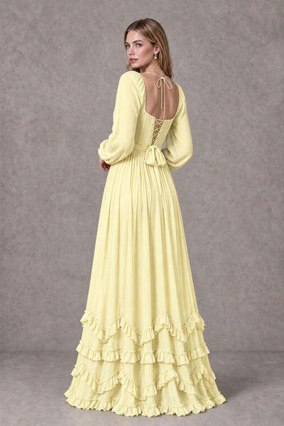 Light Yellow Long-Sleeve Ruffle Maxi Dress with Lace-Up Back and Slit 