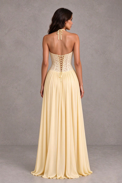 BOLODOO Light Yellow Lace Corset Halter Maxi Gown – Backless A-Line Formal Dress 