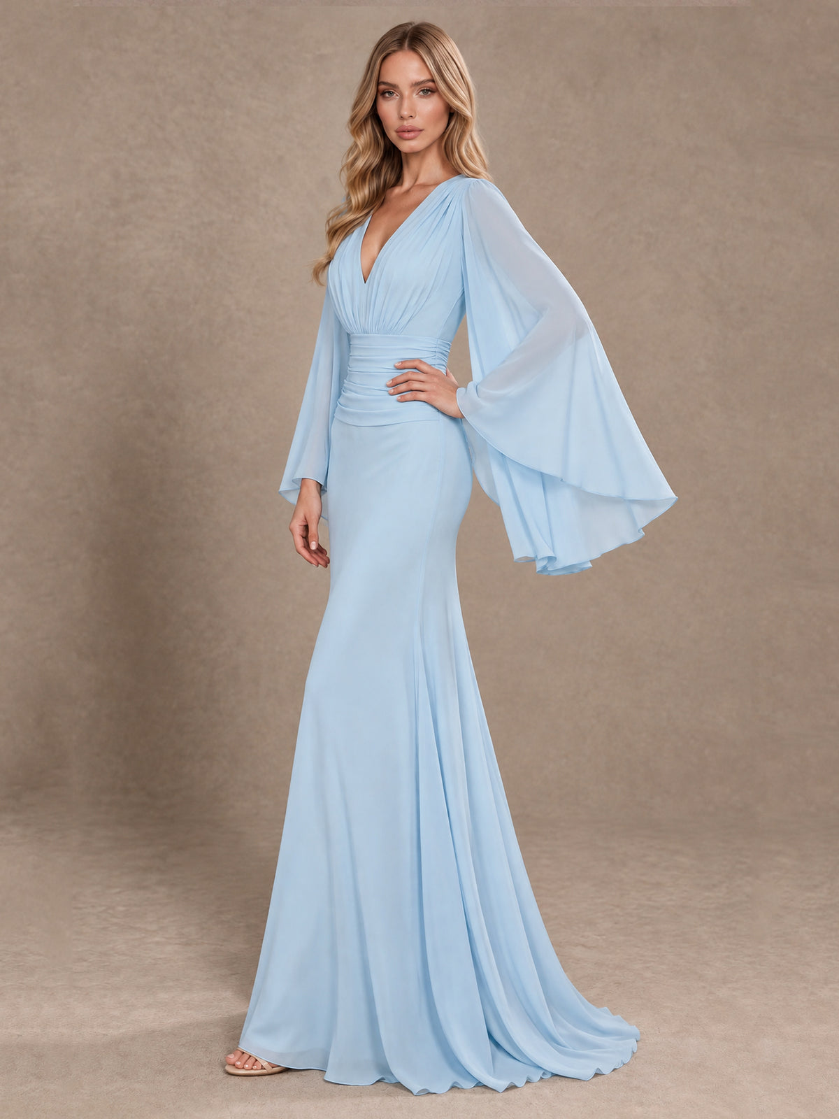 Back view of the BOLODOO light blue chiffon evening dress with covered gathered back and cape sleeves