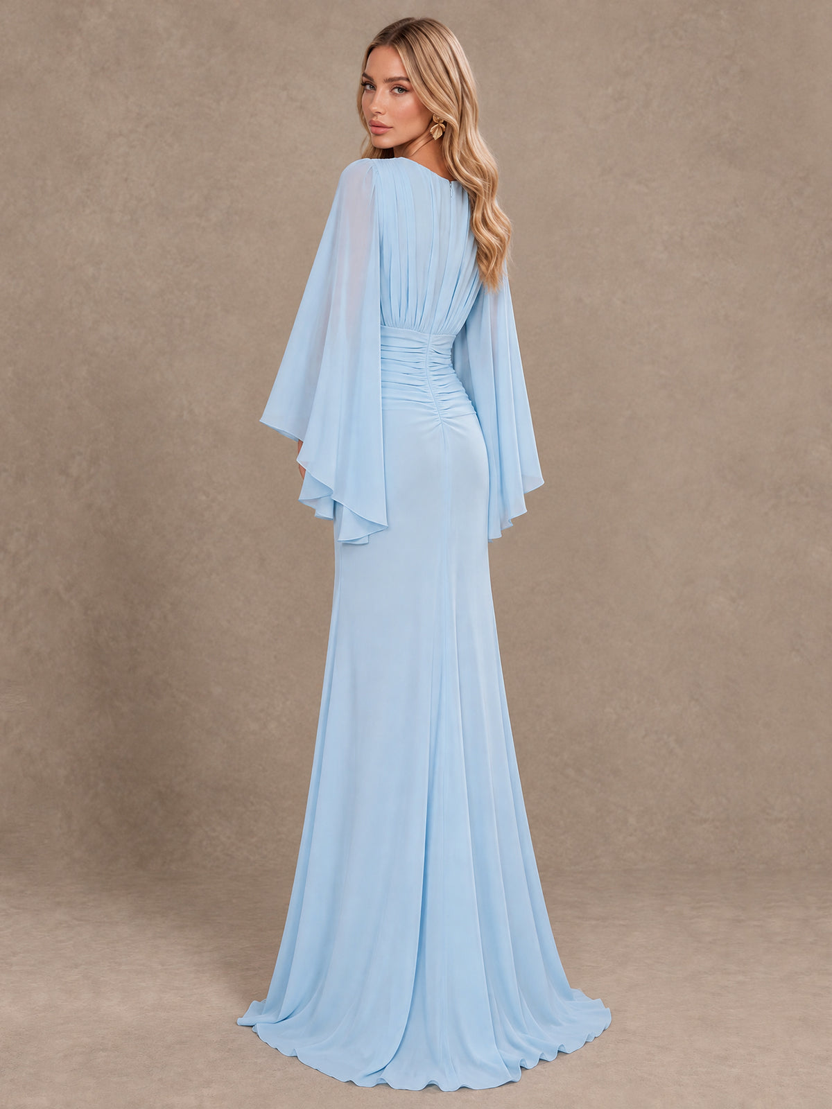 BOLODOO light blue mermaid evening dress with dramatic cape sleeves and sweep train, side view
